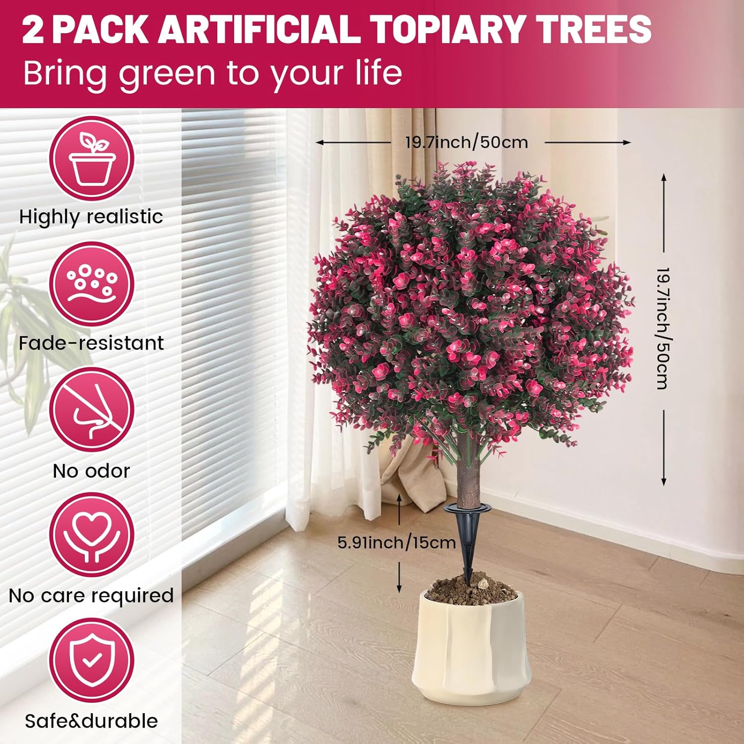 256 Inch Artificial Pink Eucalyptus Topiary Ball Trees 2 Pack