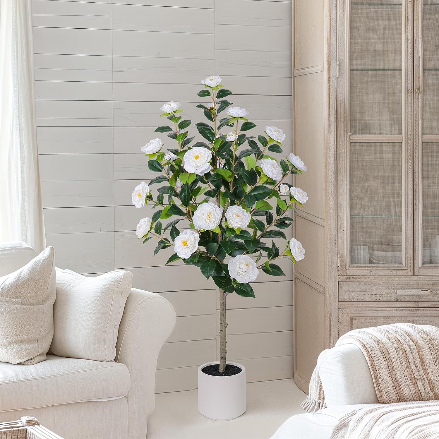 47 Inch Artificial Camellia Tree with White Flower Pots - 2 Pack
