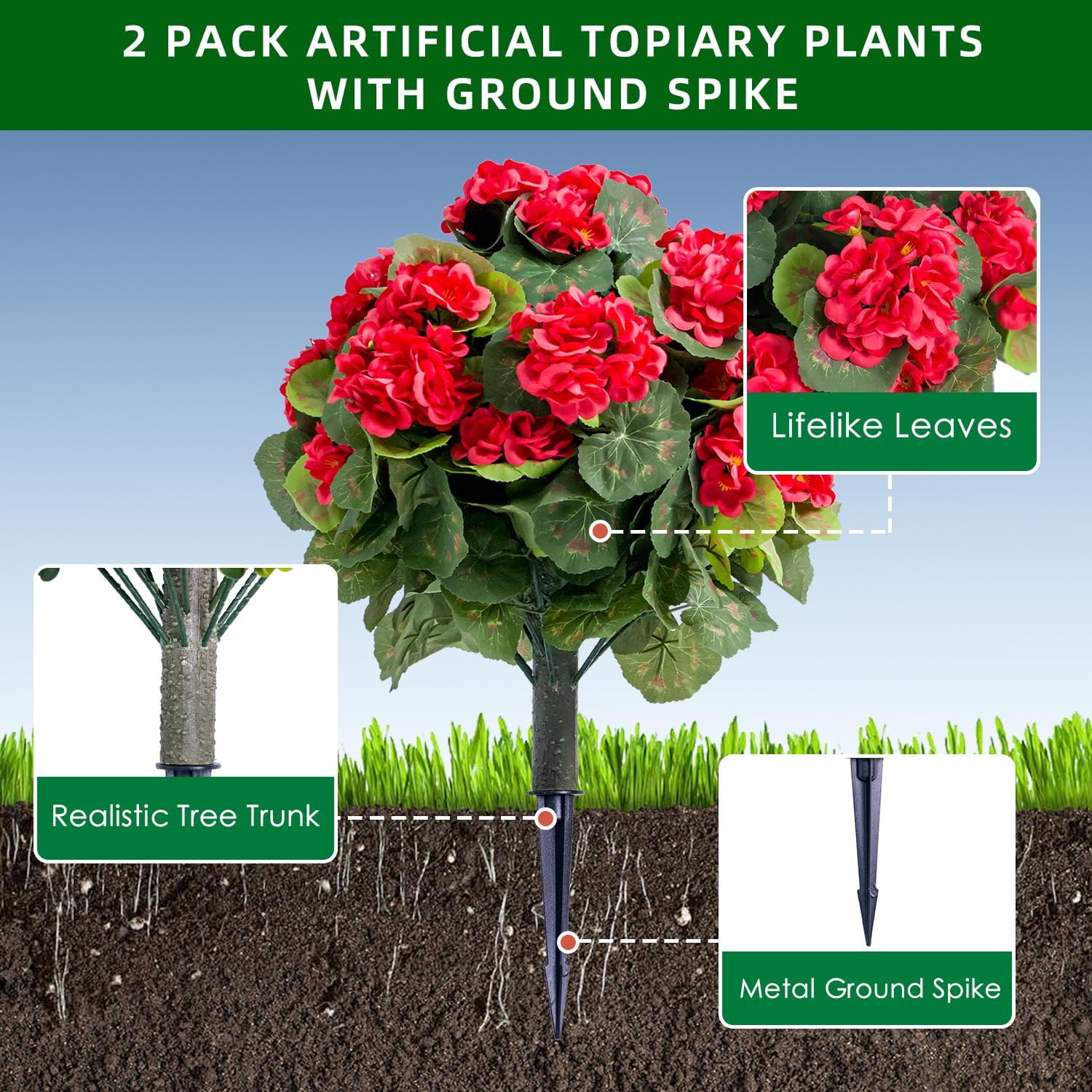 Set of 2 Artificial Red Topiary Ball Trees with Metal Stakes