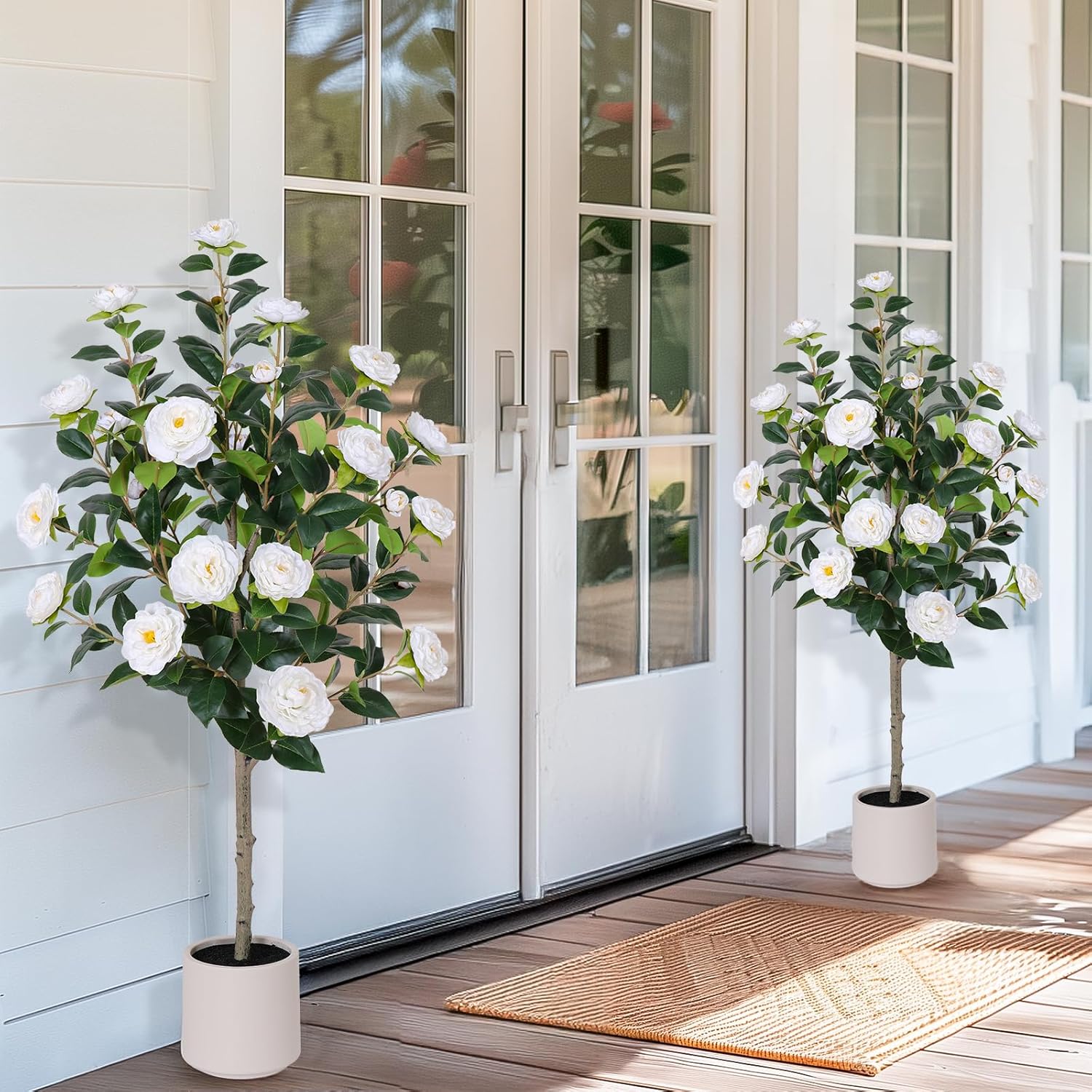 47 Inch Artificial Camellia Tree with White Flower Pots - 2 Pack