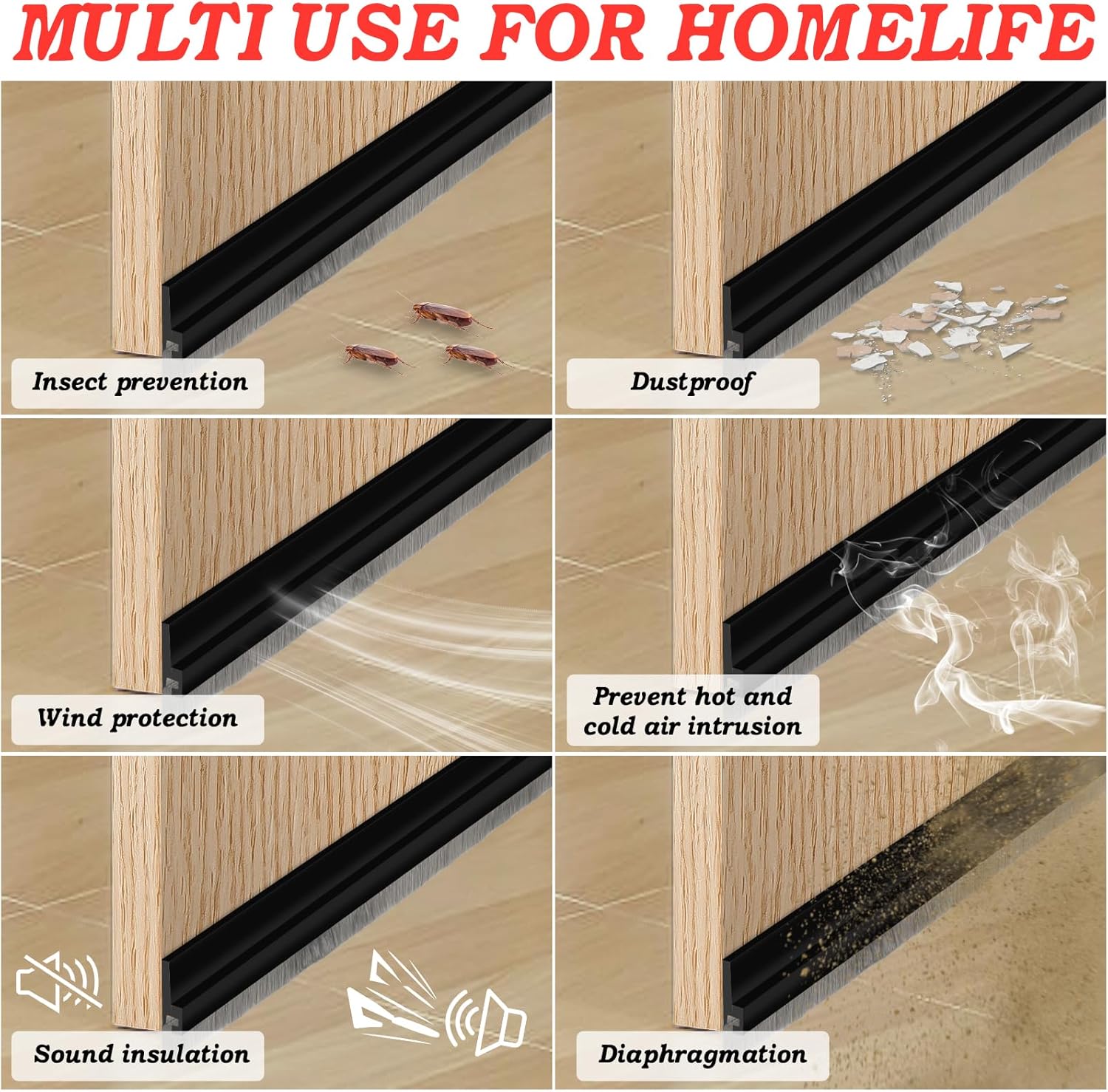 2 Pcs Door Sweep with Brush and Self Adhesive Seal