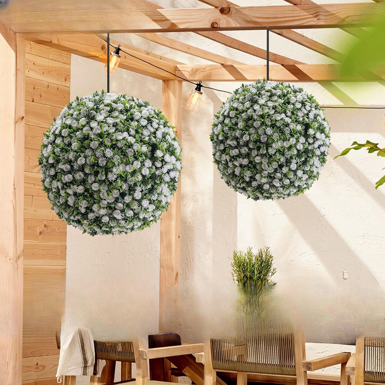 15 Inch White Rose Topiary Balls Set of 2