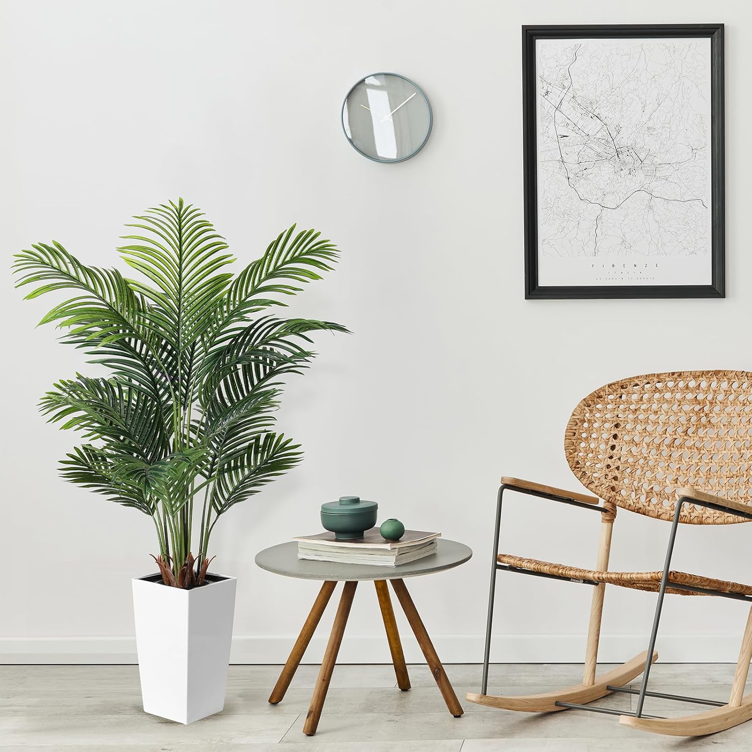 FEELEAD 5FT Artificial Golden Cane Palm Tree with White Planter