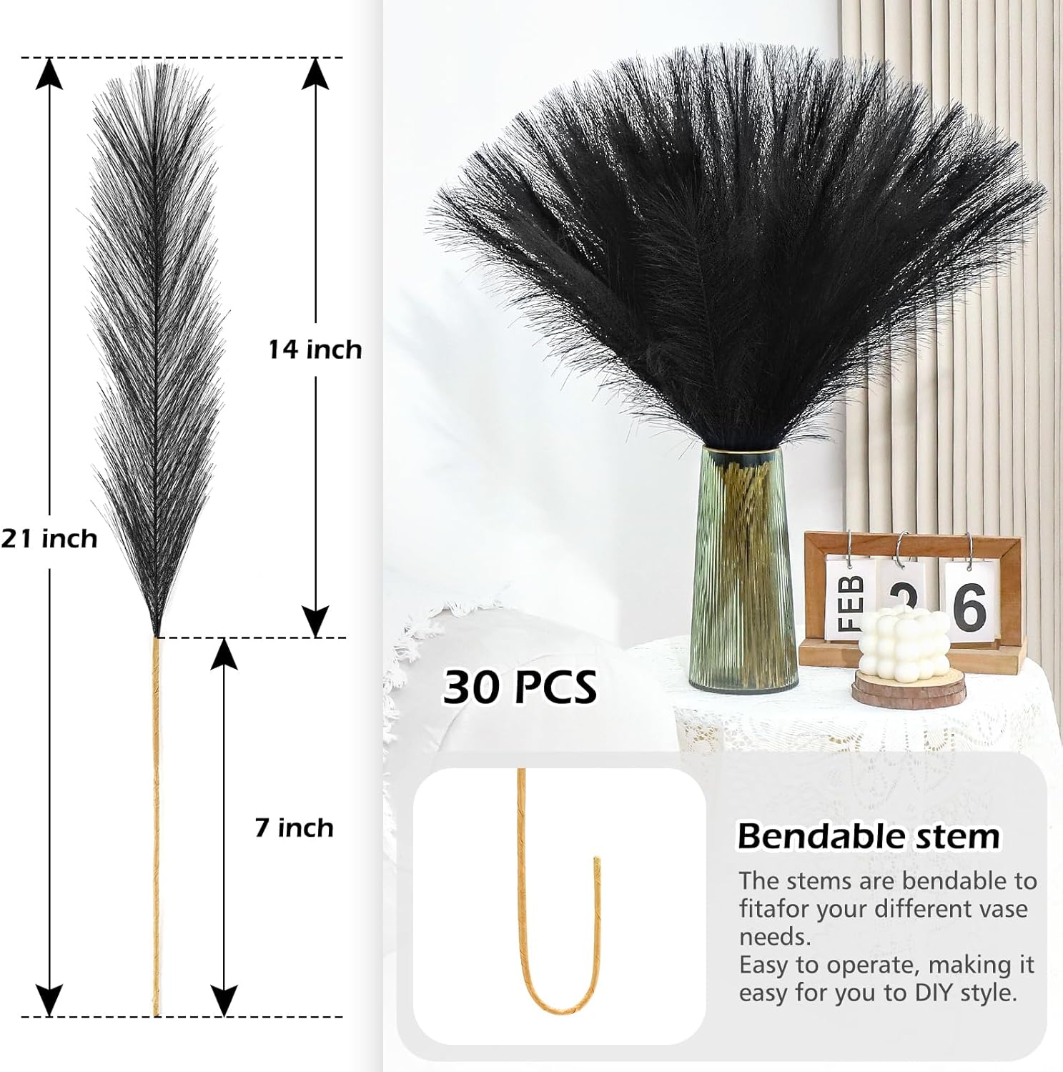 MUUNC Black Pampas Grass 30 Pcs Artificial Decor
