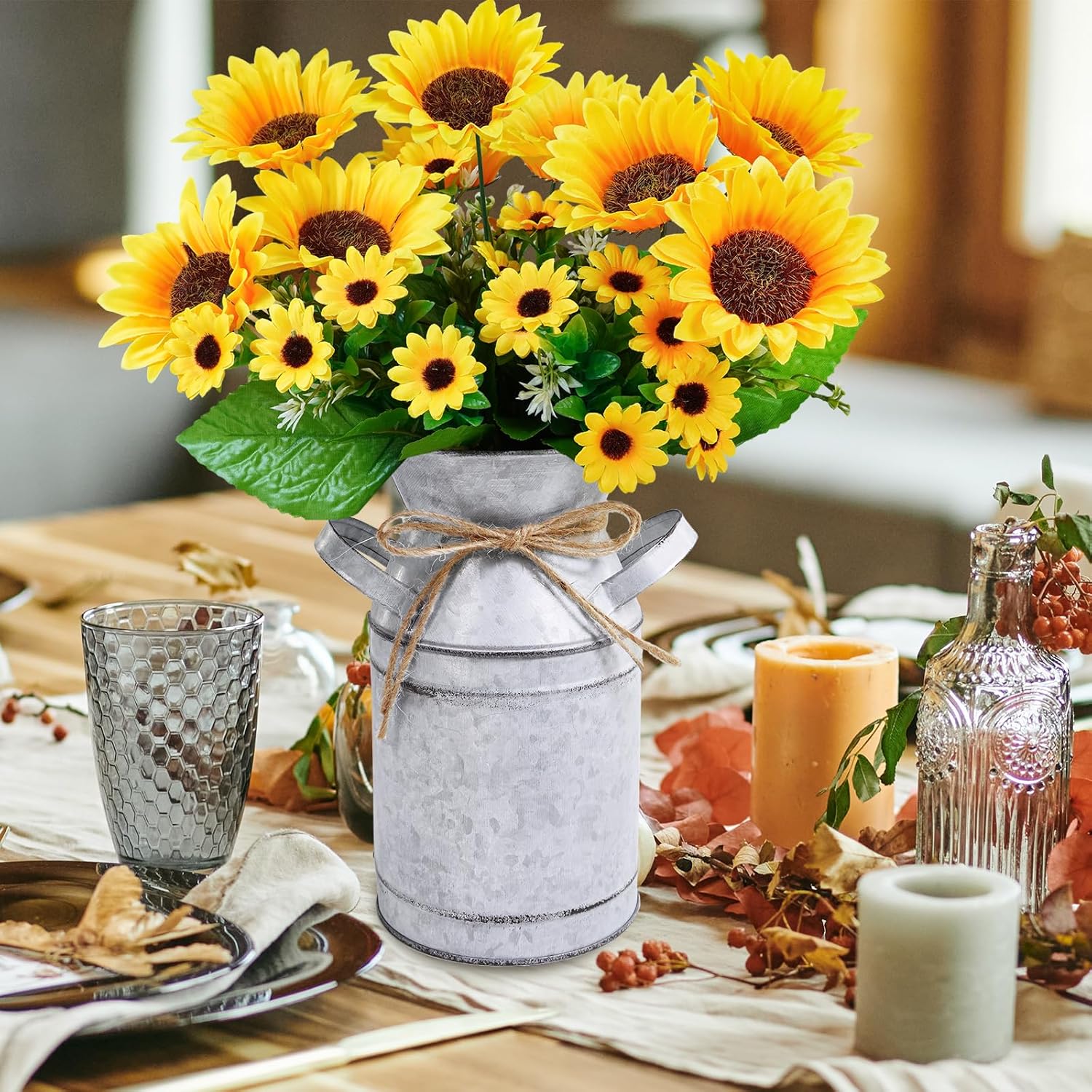 Winlyn Farmhouse Sunflower Centerpiece Metal Vase