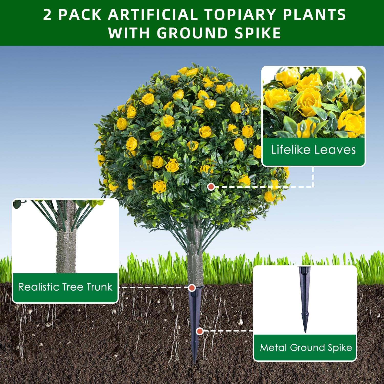 GarveeHome 236 Inch Artificial Topiary Set of 2 with Ground Spikes