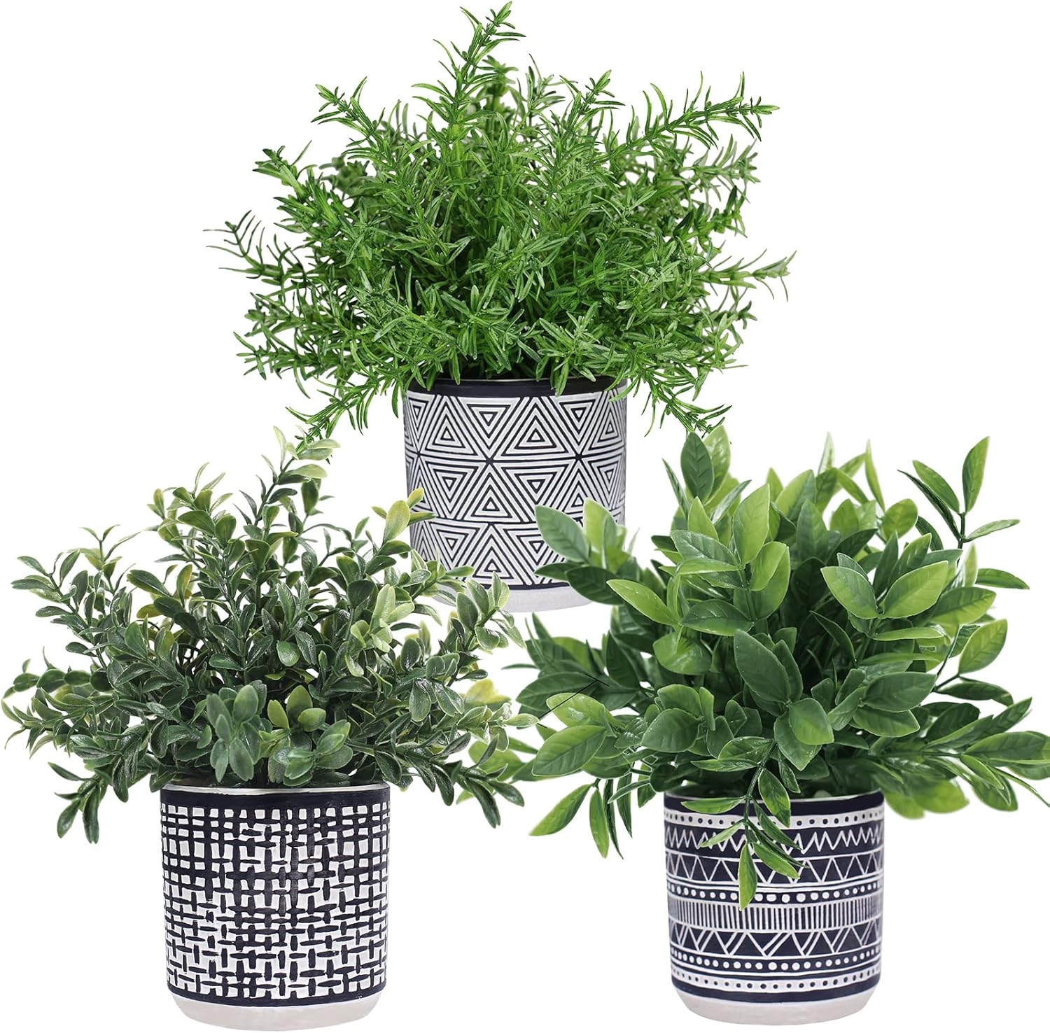 Winlyn Set of 3 Artificial Potted Plants in Black and White Geometric Pots