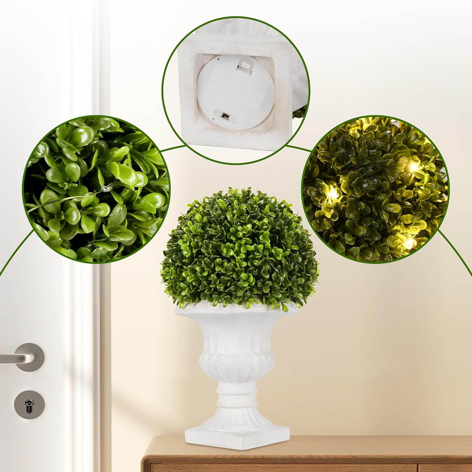 2 Pack Artificial Boxwood Topiary with Lights in Urn Container