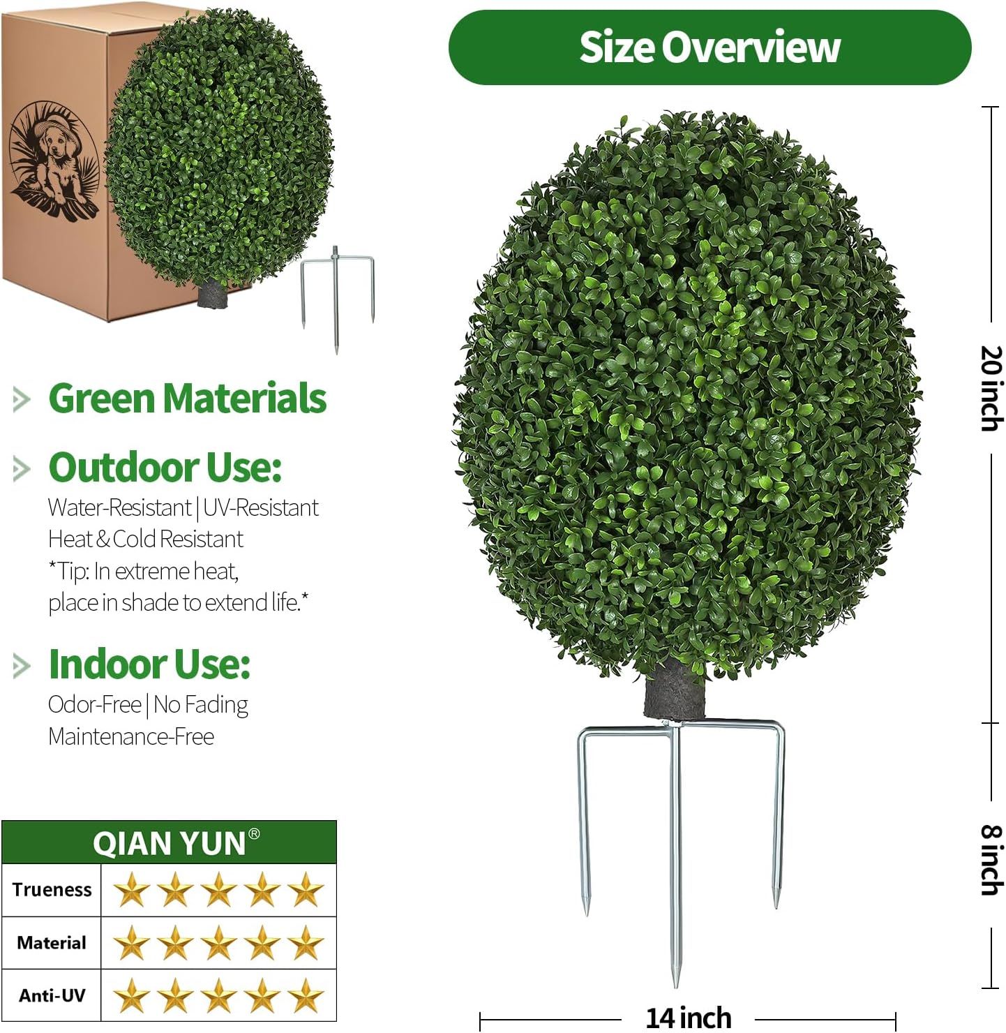 QIANYUN 26 Inch Artificial Boxwood Topiary Shrubs