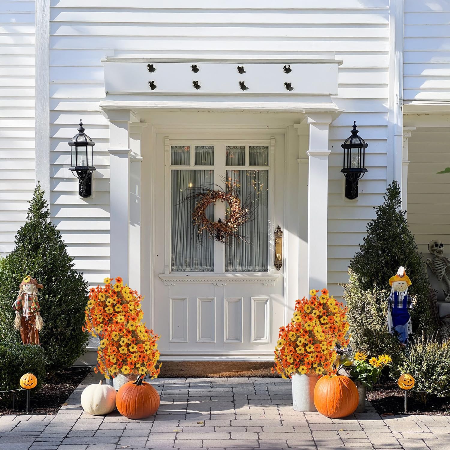 Outdoor Fall Artificial Flowers 2 Pack Topiary Bushes with Ground Stakes