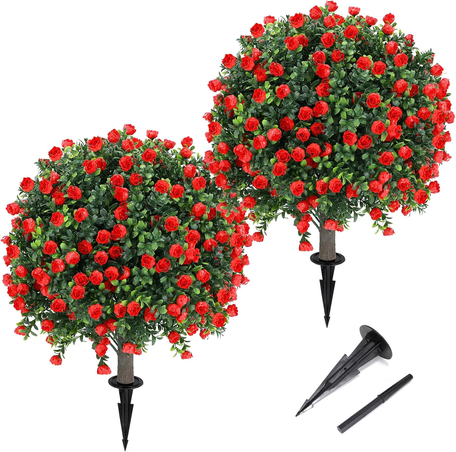 Artificial Red Rose Ball Tree 25 Inches Set of 2 UV Resistant