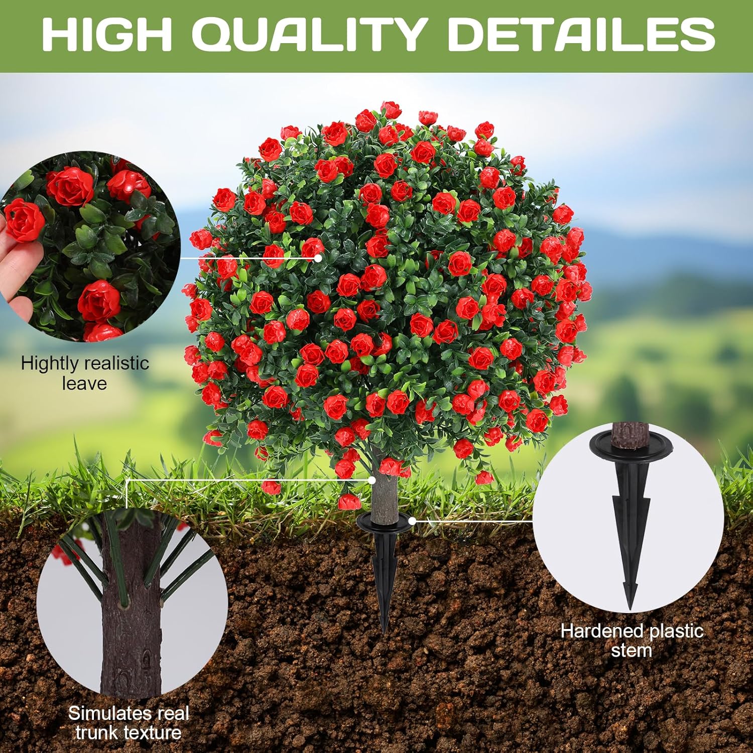 Artificial Red Rose Ball Tree 25 Inches Set of 2 UV Resistant