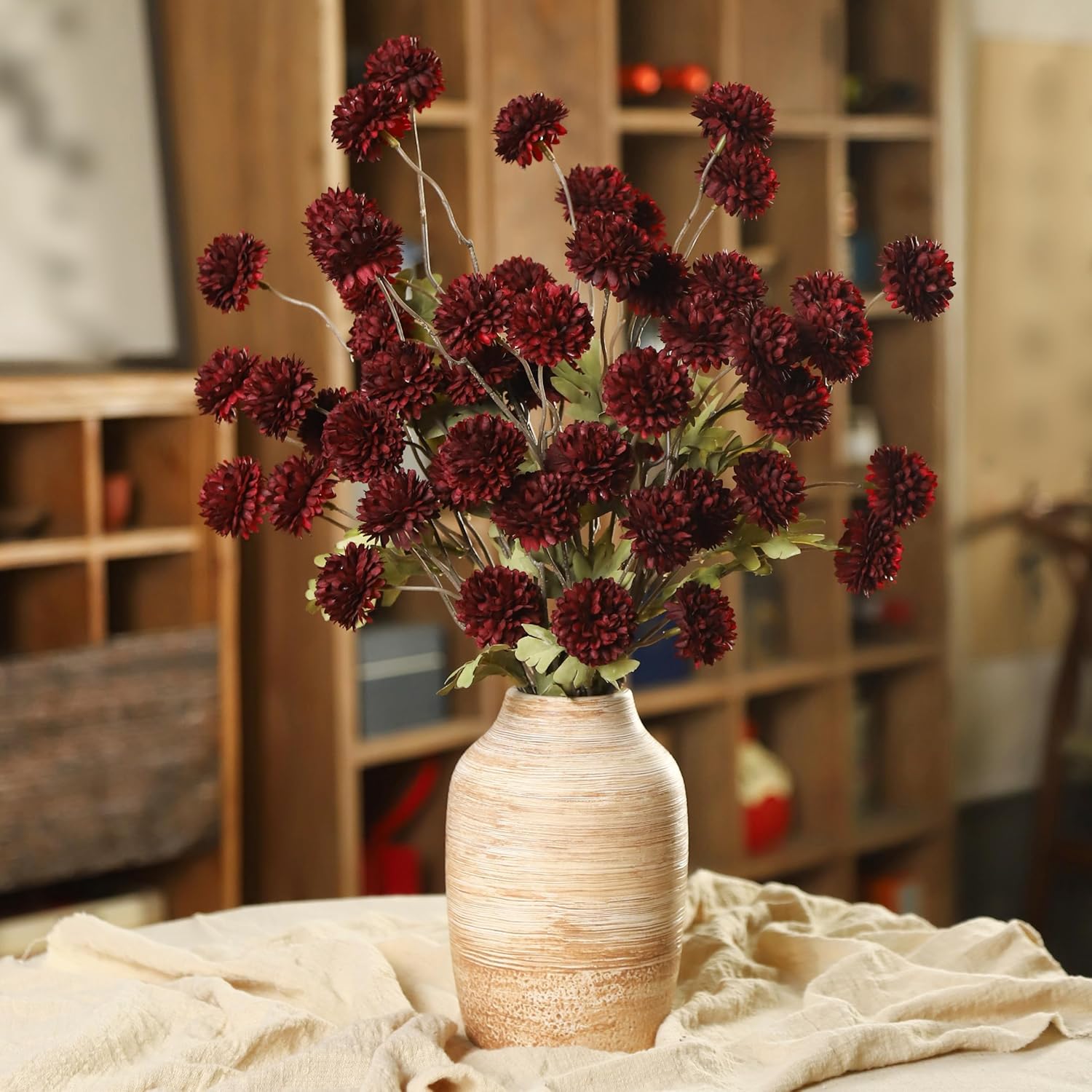 DuHouse 6pcs Artificial Flowers Faux Silk Pompon Mum with Stems