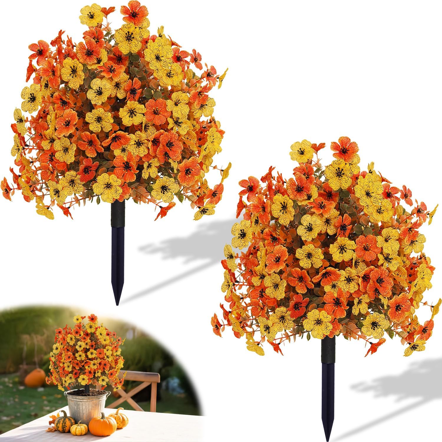Outdoor Fall Artificial Flowers 2 Pack Topiary Bushes with Ground Stakes