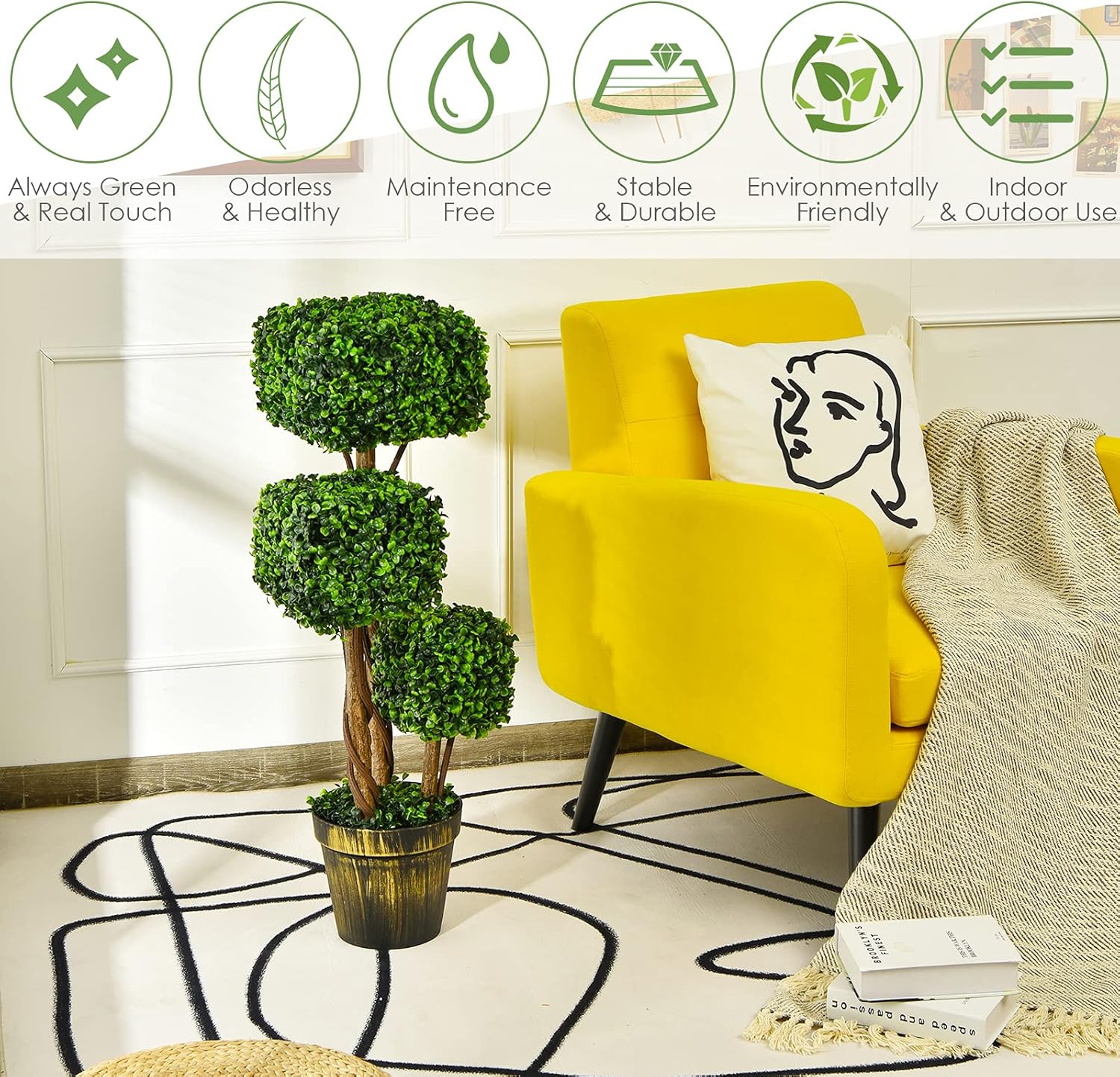 Goplus 36 Inch Artificial Triple Square Boxwood Topiary Tree