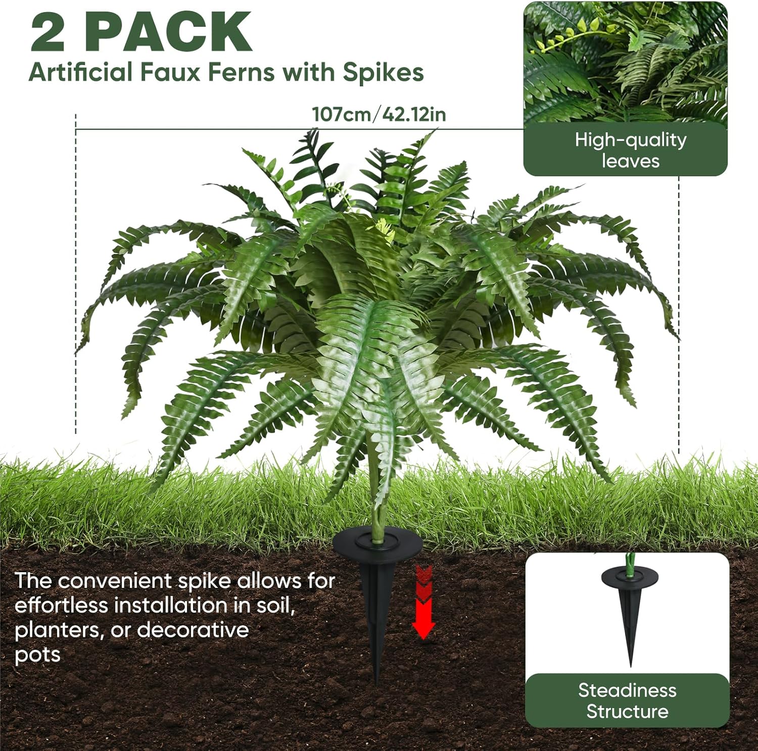 2 Pack Artificial Ferns with Spike for Outdoor Use