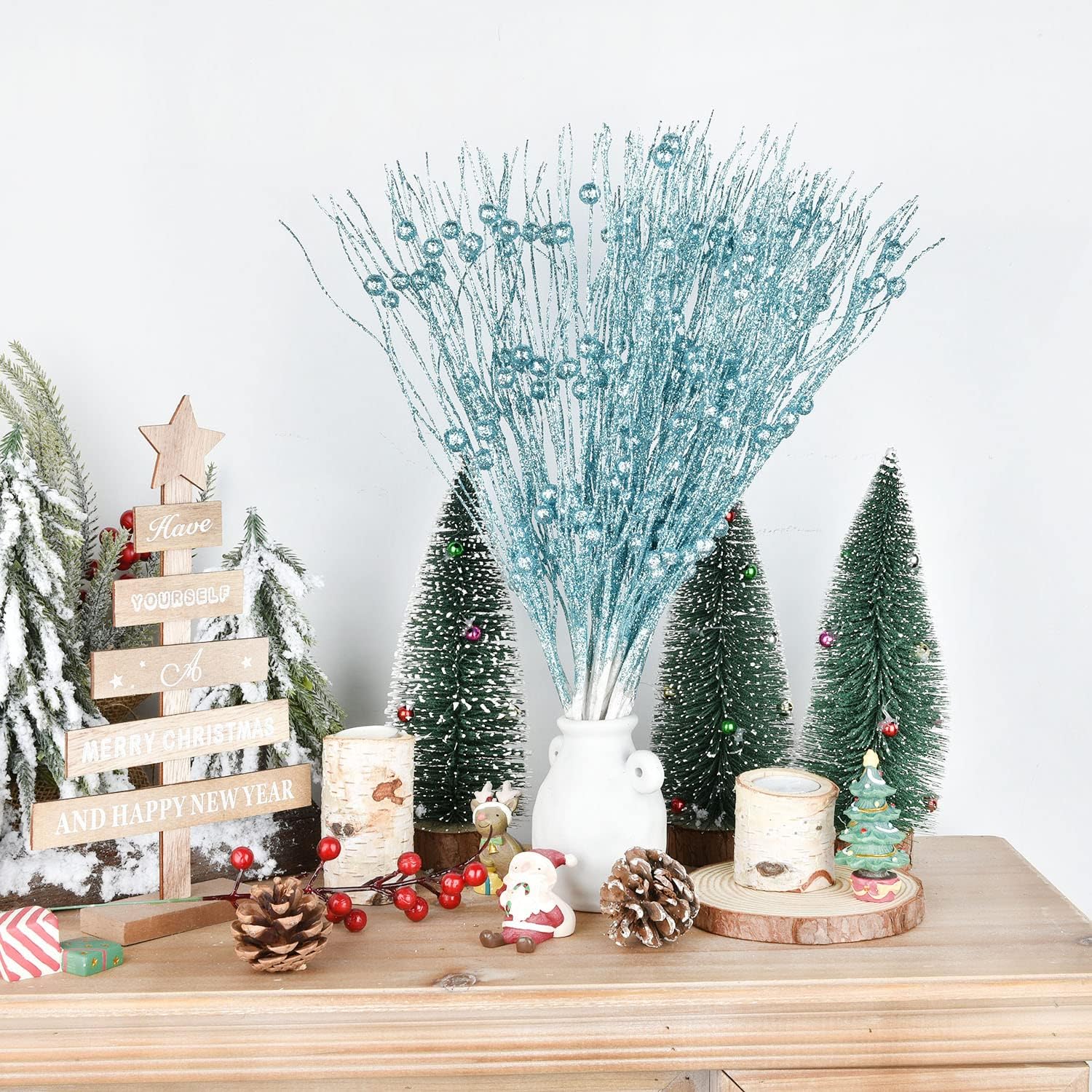 Lvydec 22pcs Christmas Glitter Berries with Stems Blue