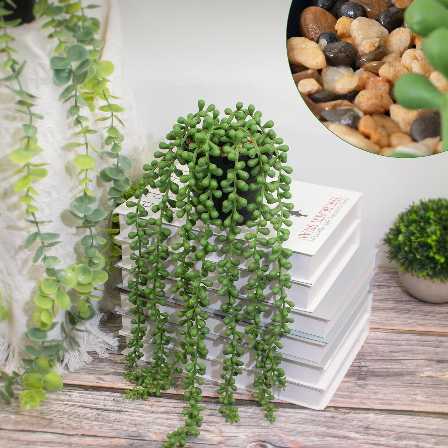 LOYWREE Artificial String of Pearls Hanging Plant in Black Pot