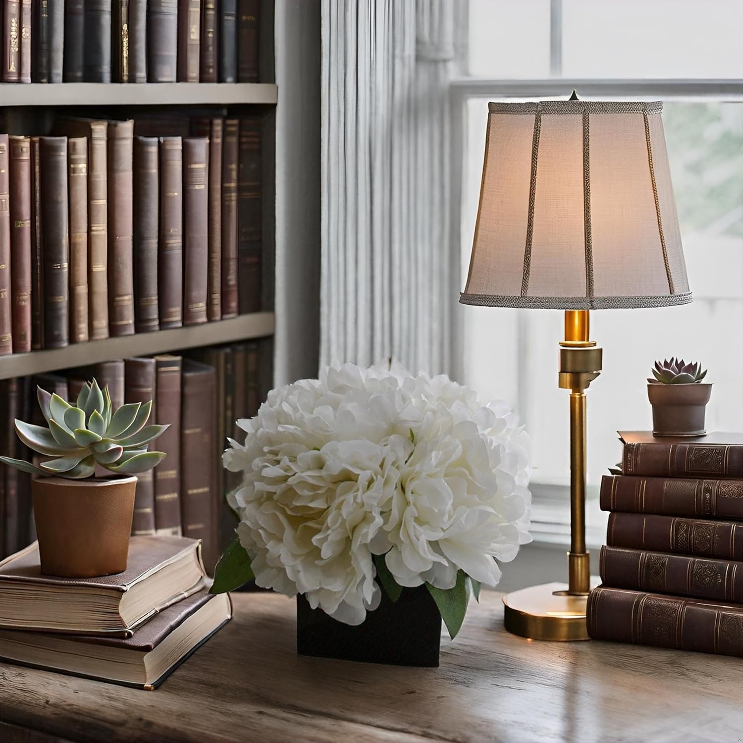 LADADA Artificial Peony Bouquet in Square Black Ceramic Vase