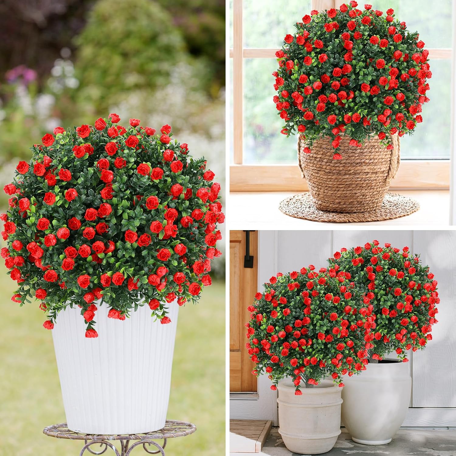 Artificial Red Rose Ball Tree 25 Inches Set of 2 UV Resistant