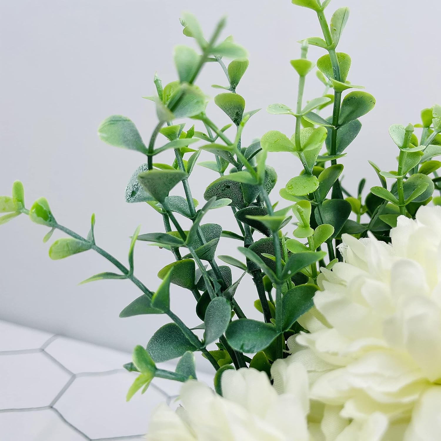 LADADA Artificial Hydrangea and Eucalyptus Fake Plant in White Ceramic Vase