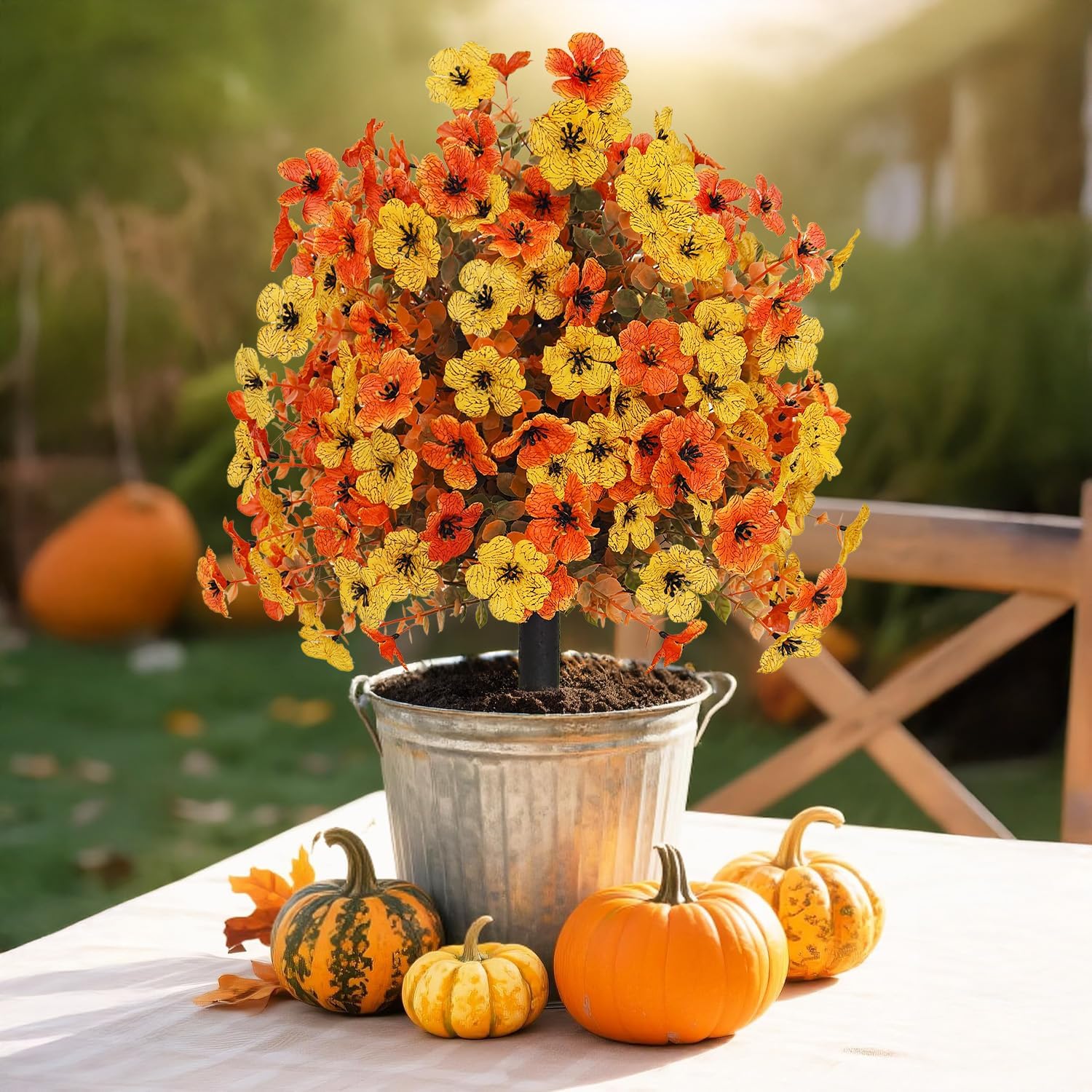 Outdoor Fall Artificial Flowers 2 Pack Topiary Bushes with Ground Stakes