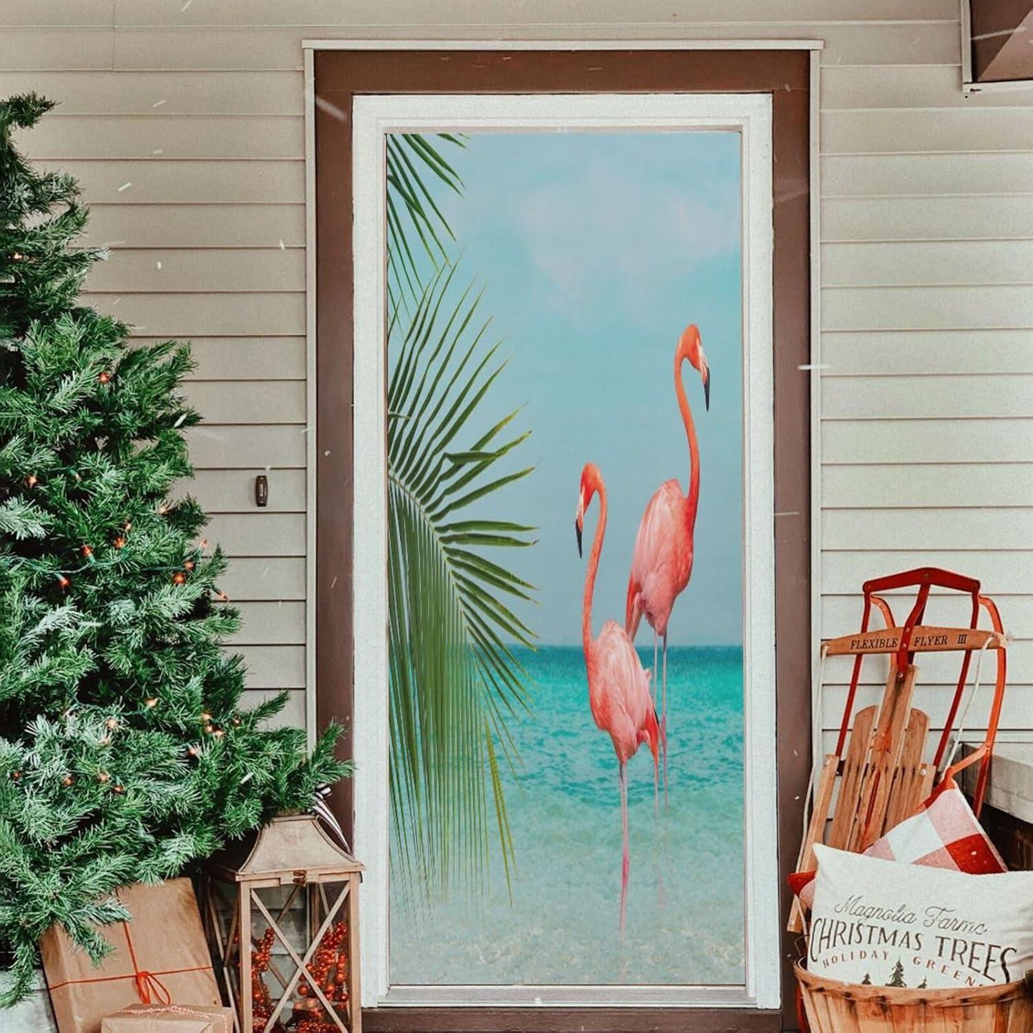 Susiyo Blue Beach Flamingos Door Cover for Halloween