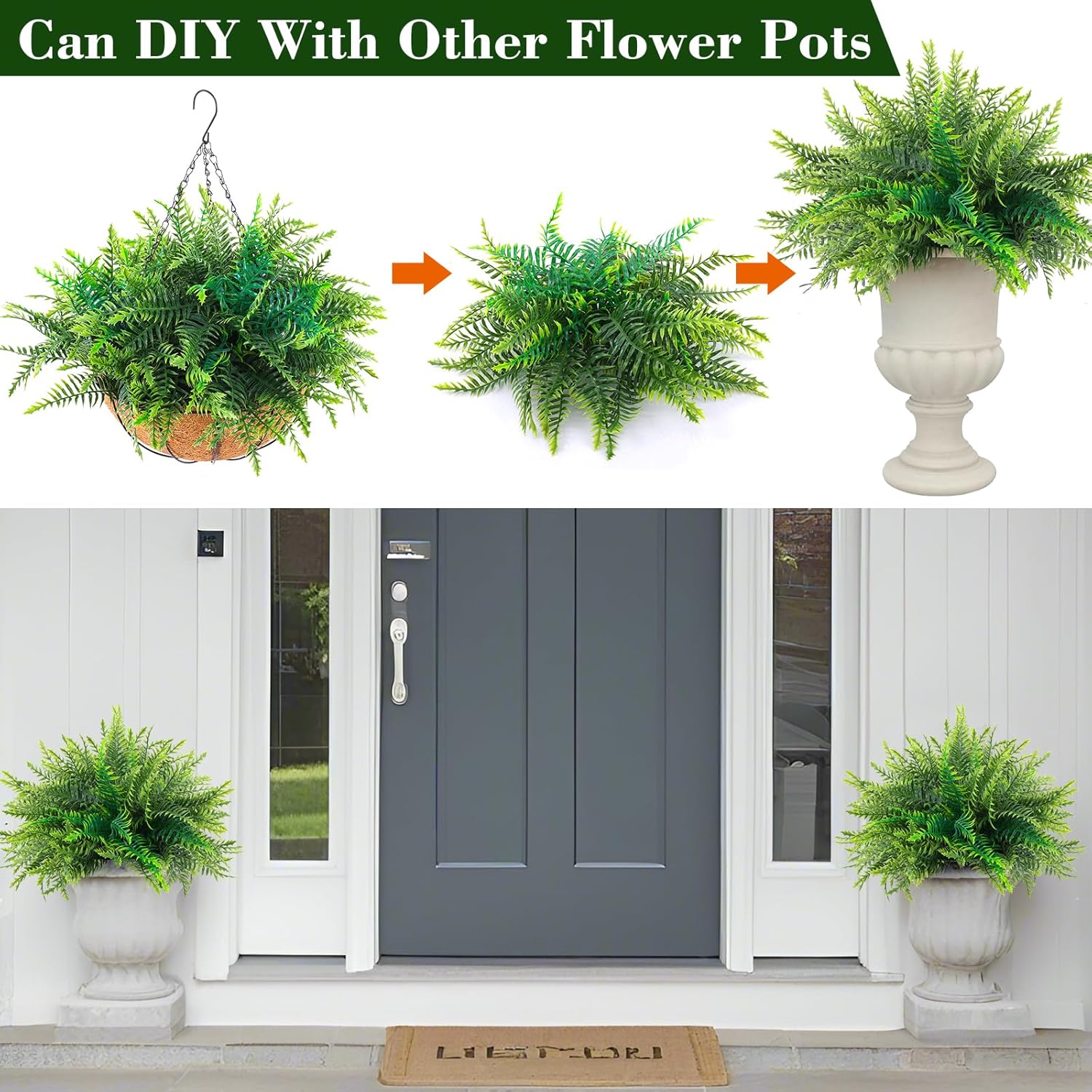 Hananona 2 Set Fake Hanging Ferns for Outdoor Use