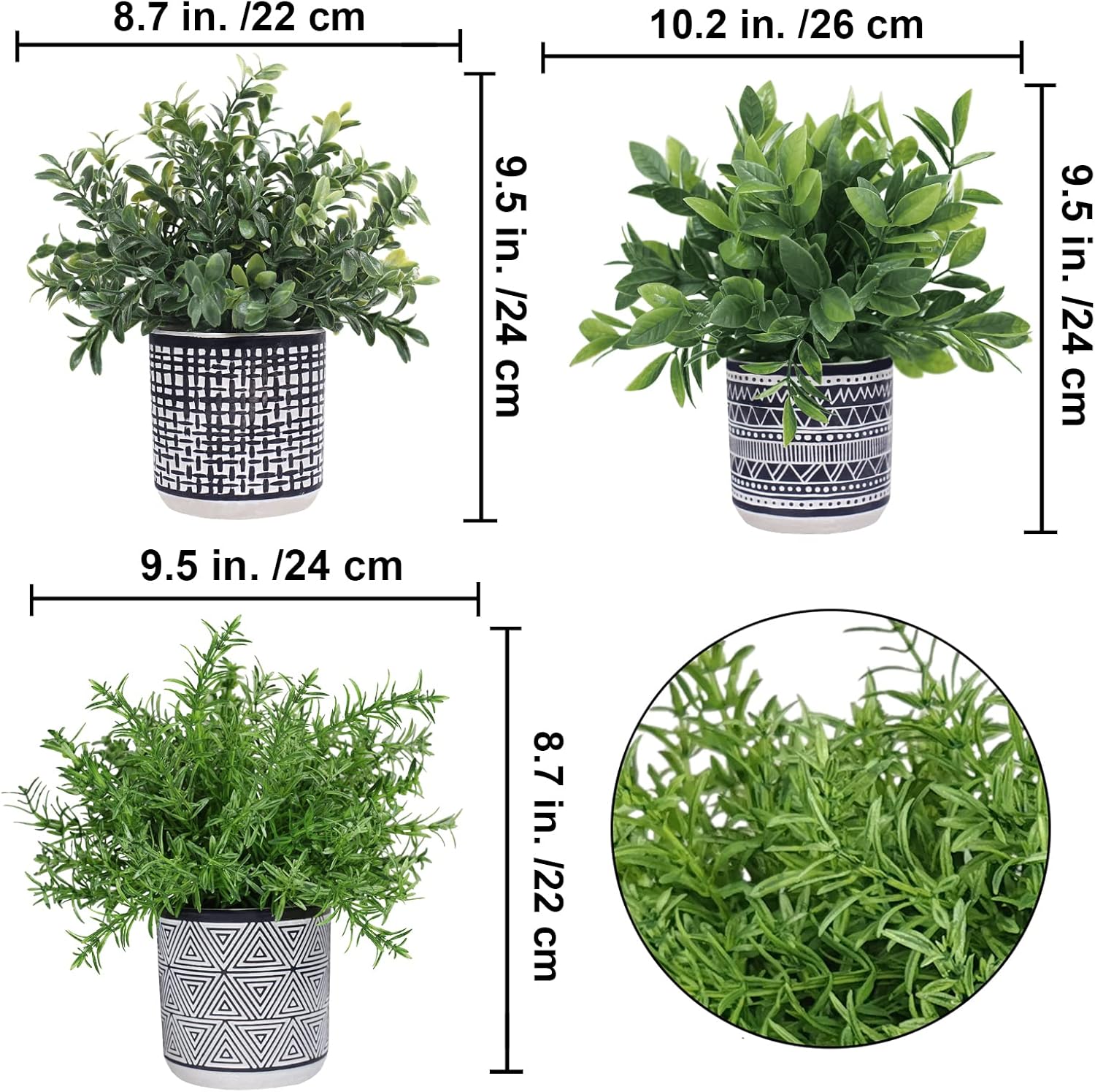 Winlyn Set of 3 Artificial Potted Plants in Black and White Geometric Pots