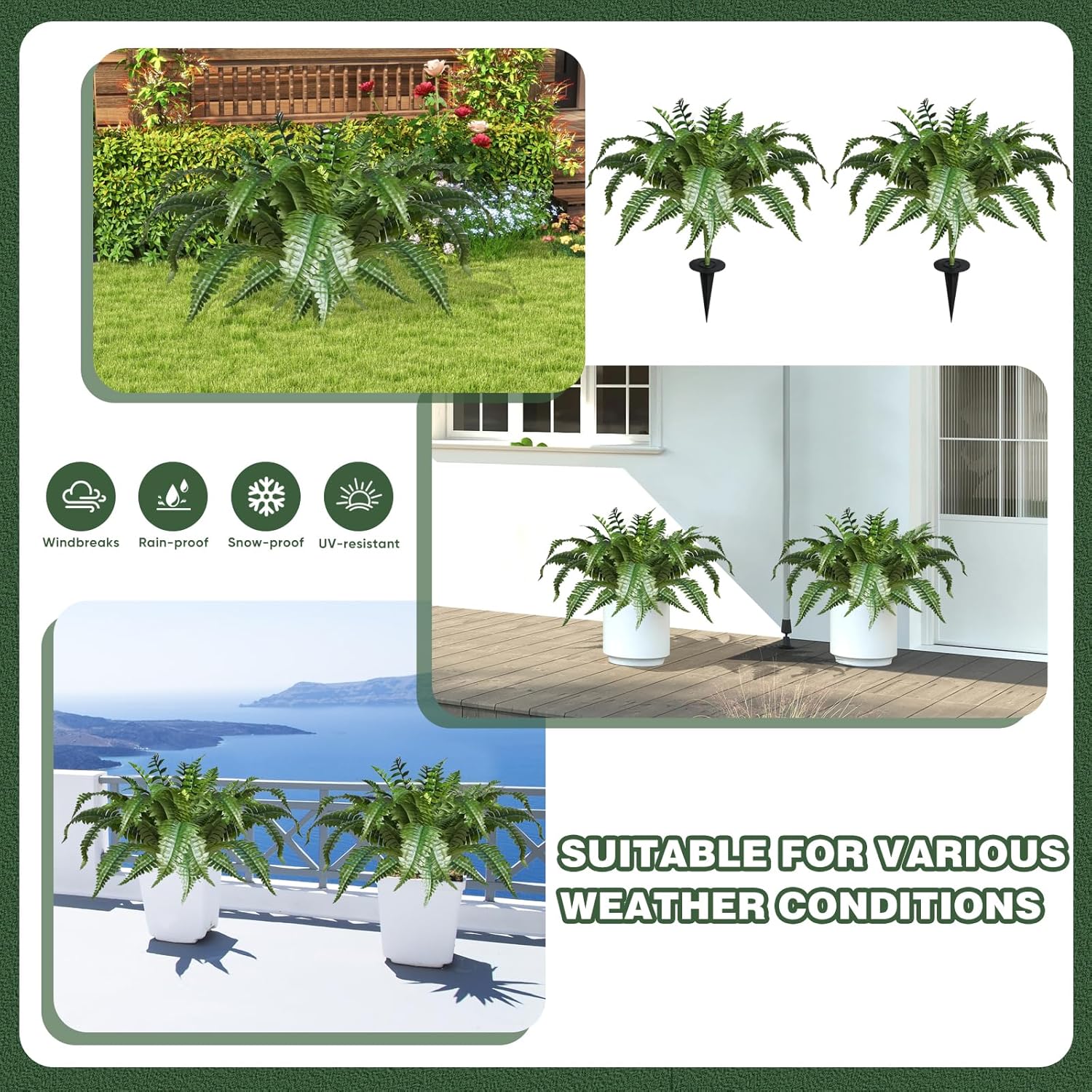 2 Pack Artificial Ferns with Spike for Outdoor Use