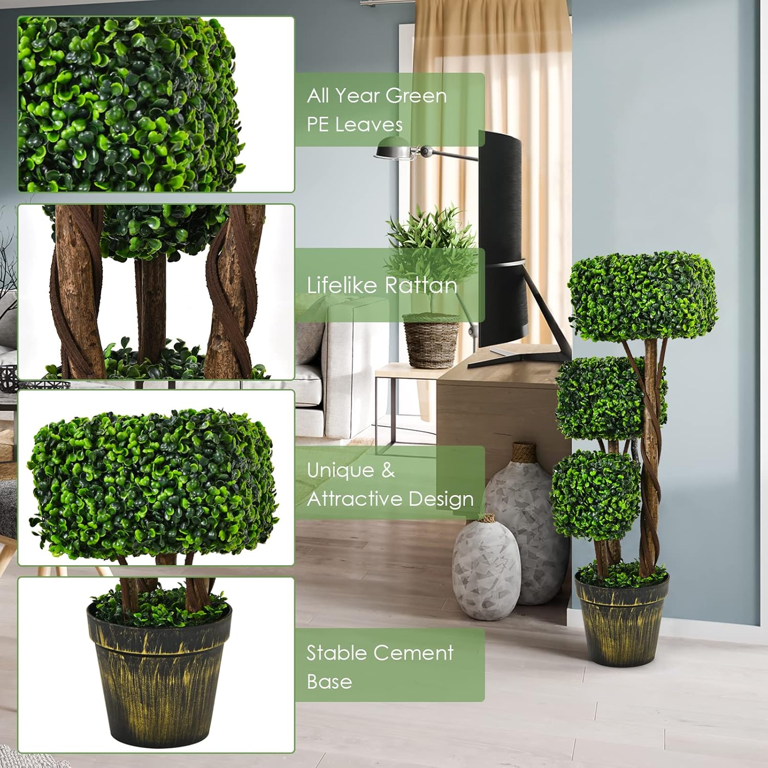 Goplus 36 Inch Artificial Triple Square Boxwood Topiary Tree