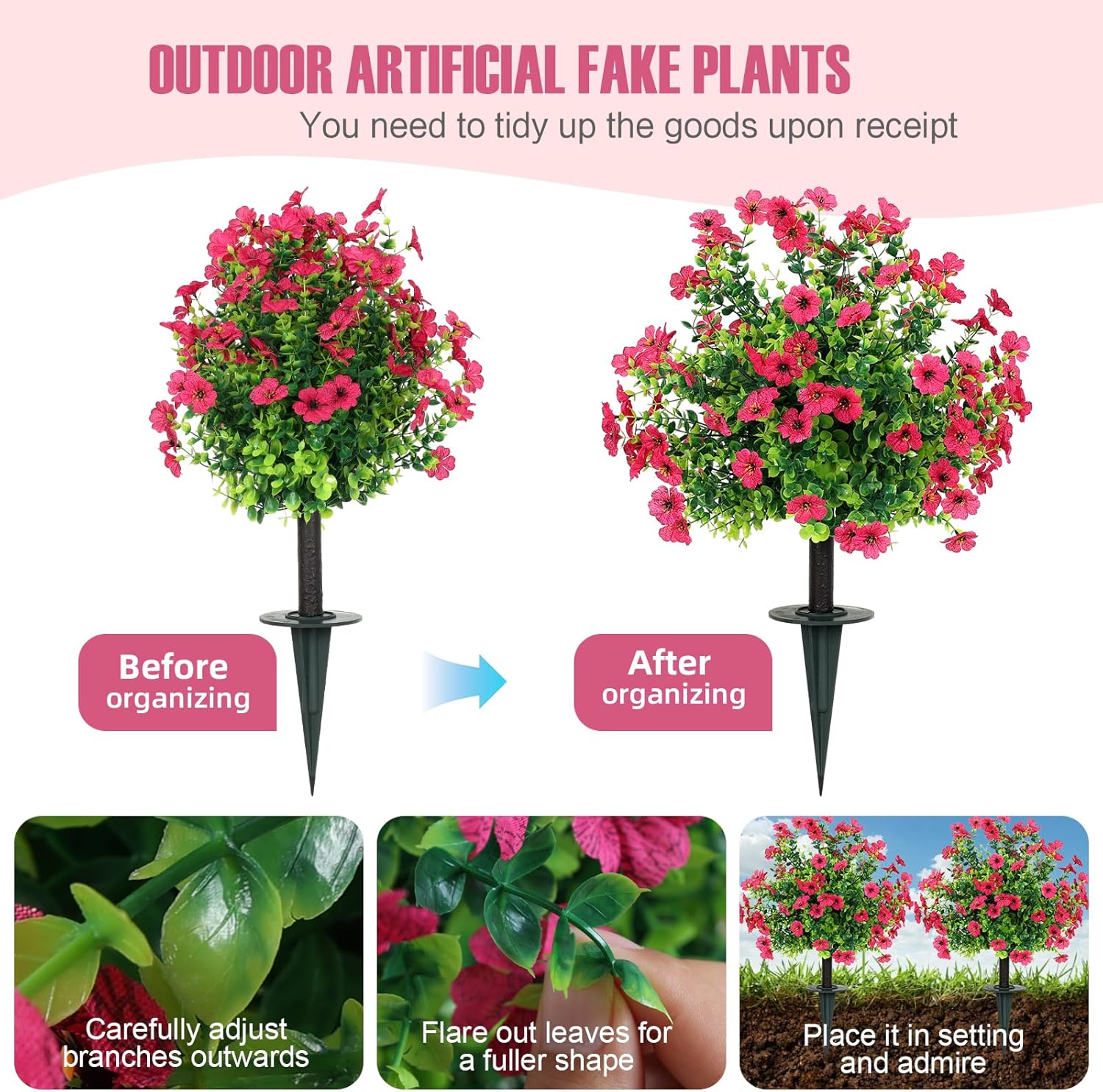 Set of 2 Artificial Boxwood Plants Rose Red