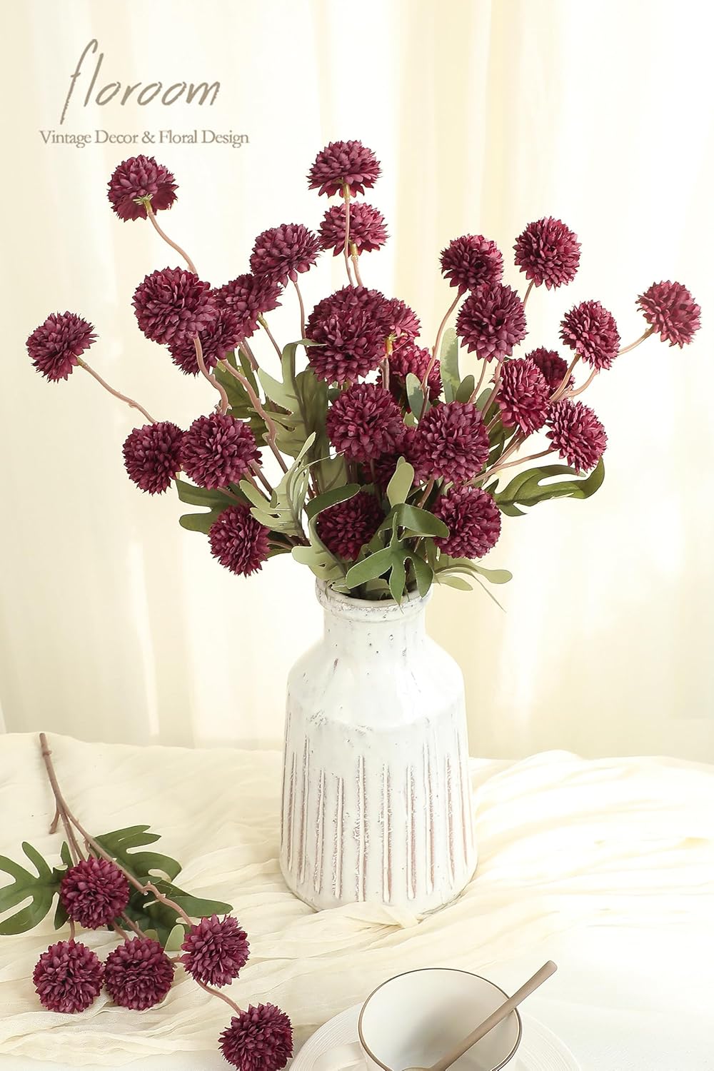 Floroom 5pcs Faux Silk Pompon Mums Artificial Flowers in Burgundy