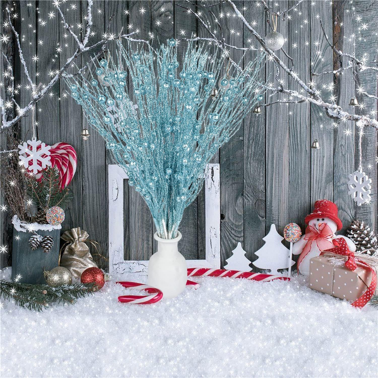 Lvydec 22pcs Christmas Glitter Berries with Stems Blue