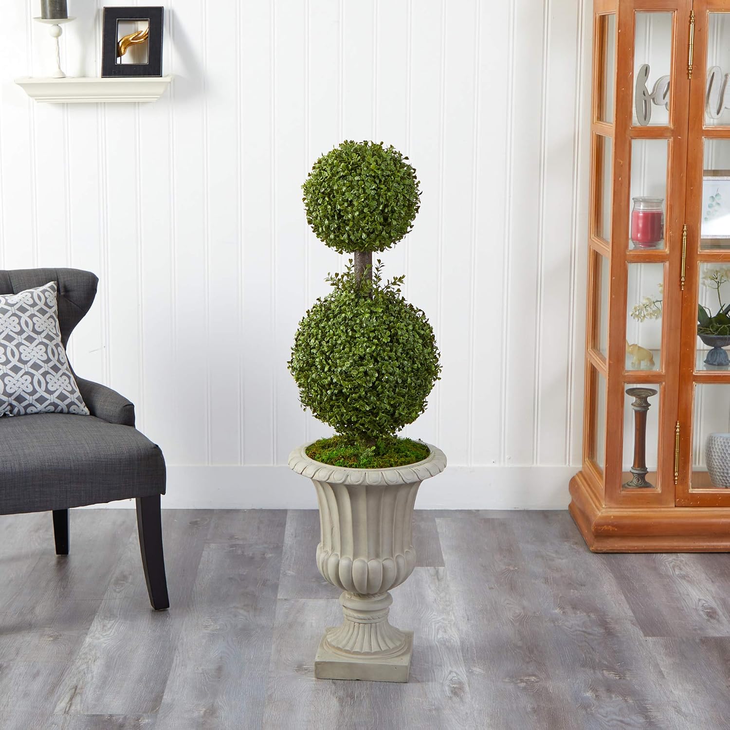 Nearly Natural 4ft Double Boxwood Topiary with Sand Urn