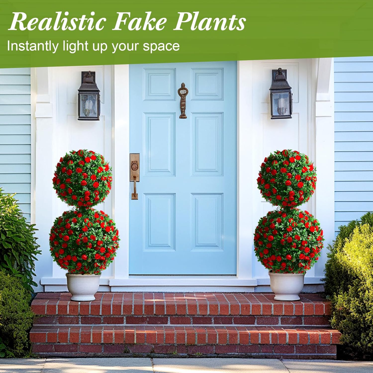 Yunlly 2 Pack 28 Inch Outdoor Artificial Rose Topiary Trees