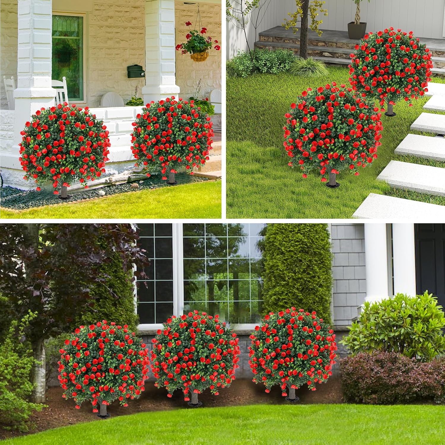 Artificial Red Rose Ball Tree 25 Inches Set of 2 UV Resistant