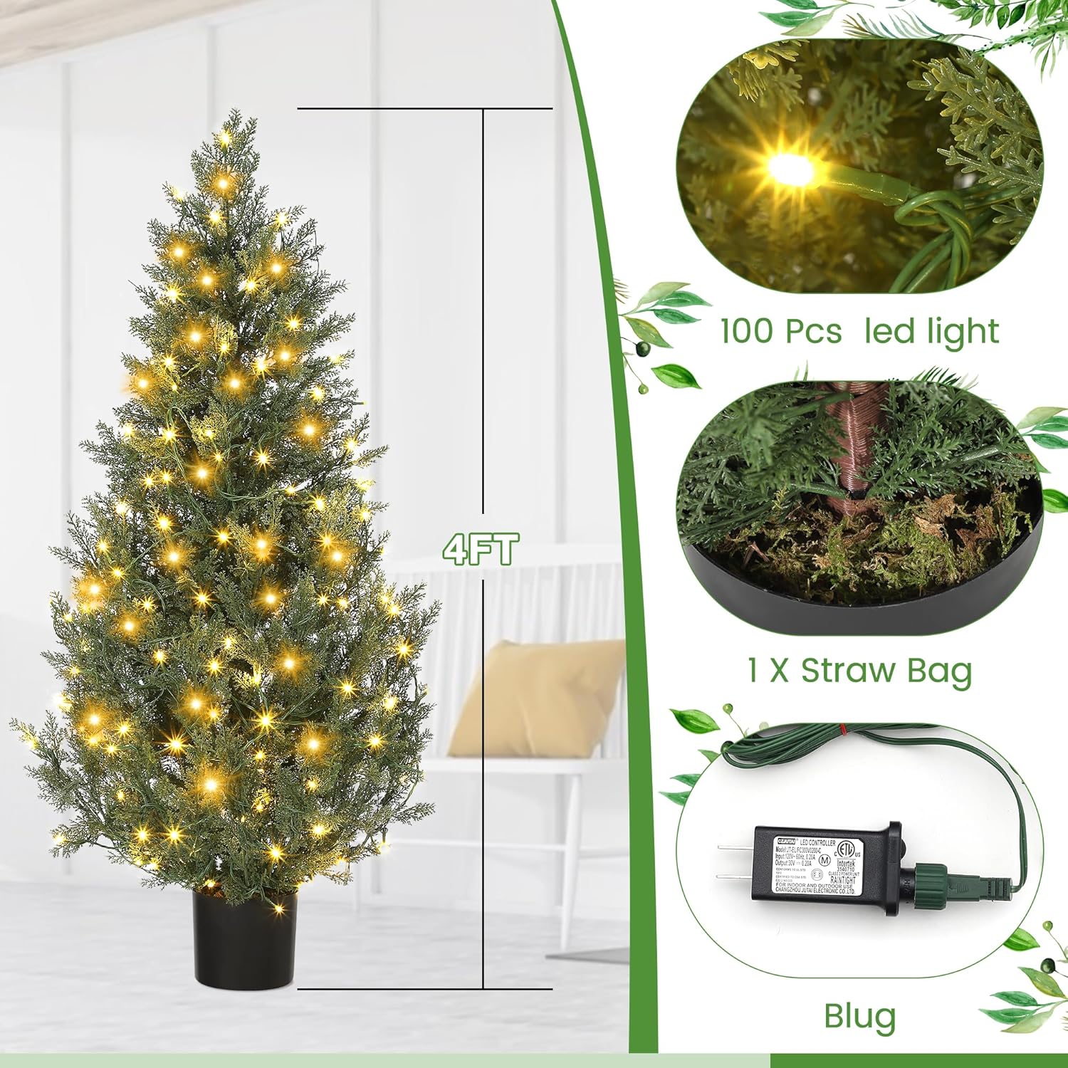 4FT Artificial Cedar Tree with 100 LED Lights and 8 Modes Remote Control