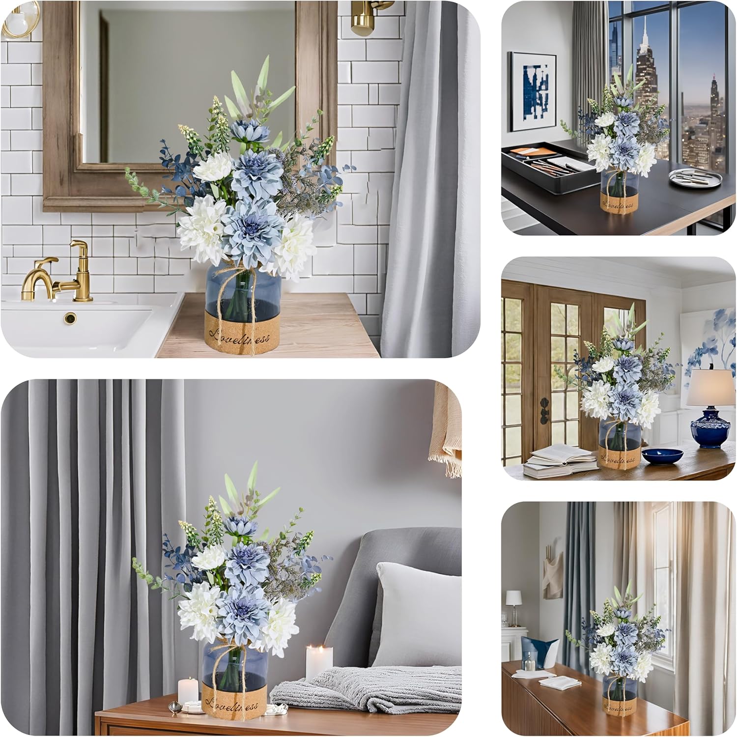 LADADA Floral Arrangement with White and Blue Flowers in Glass Vase