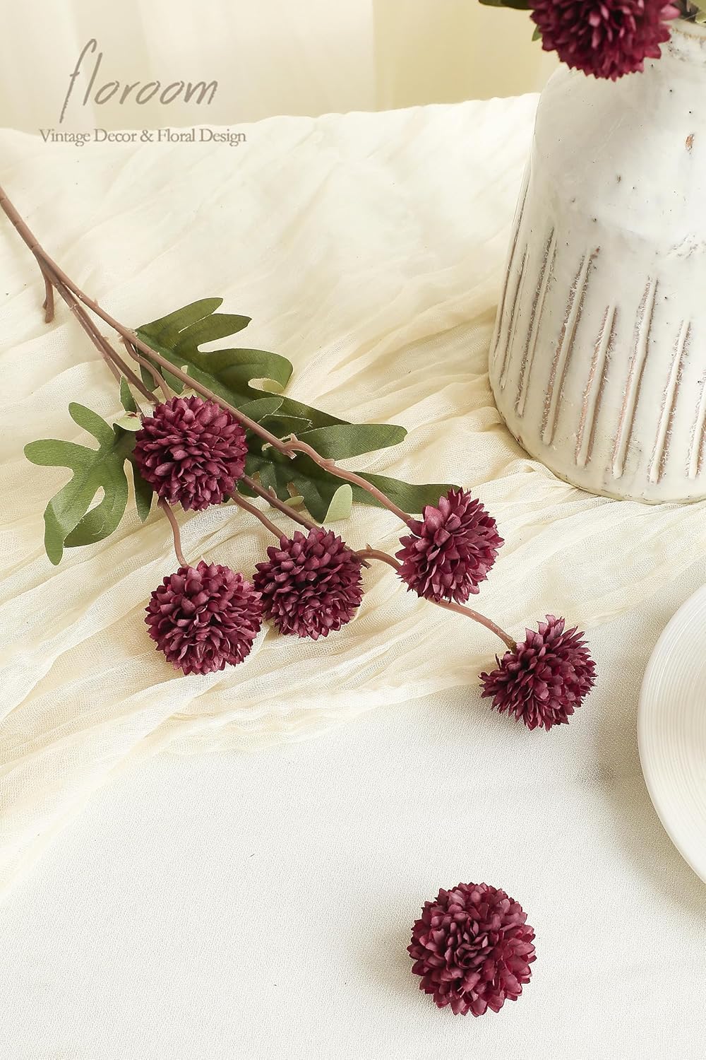 Floroom 5pcs Faux Silk Pompon Mums Artificial Flowers in Burgundy
