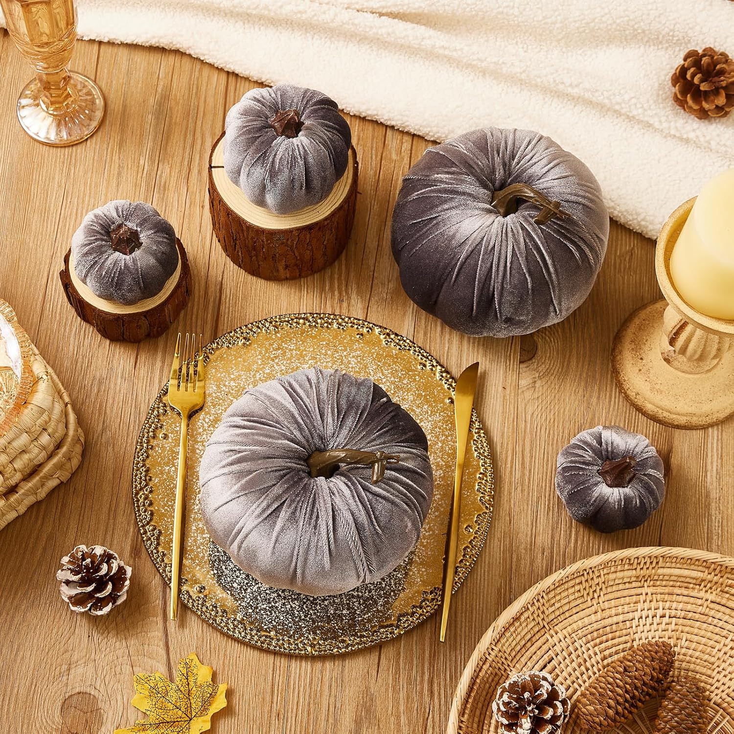 8PCS Velvet Pumpkins Artificial Decor for Halloween Thanksgiving