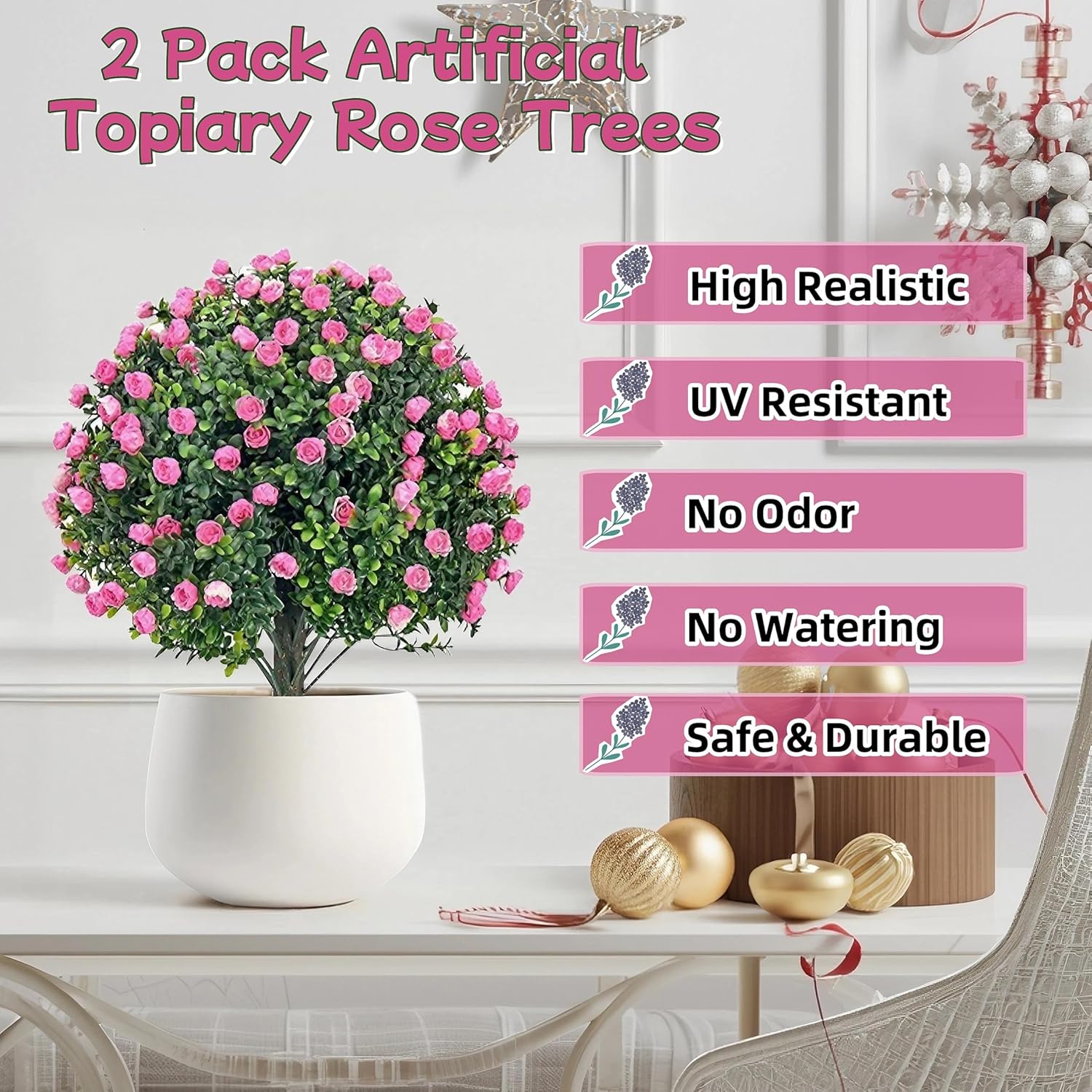 MRTAILOR Artificial Topiary Ball Pink Rose Trees 2 Set