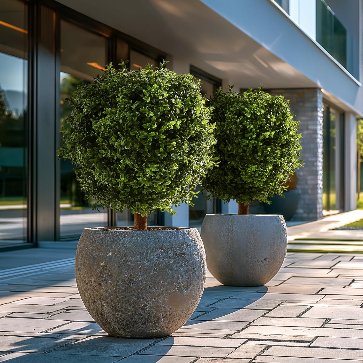 Artificial Topiary Boxwood Trees Set of 2 24 Inch Pre Potted Faux Plants