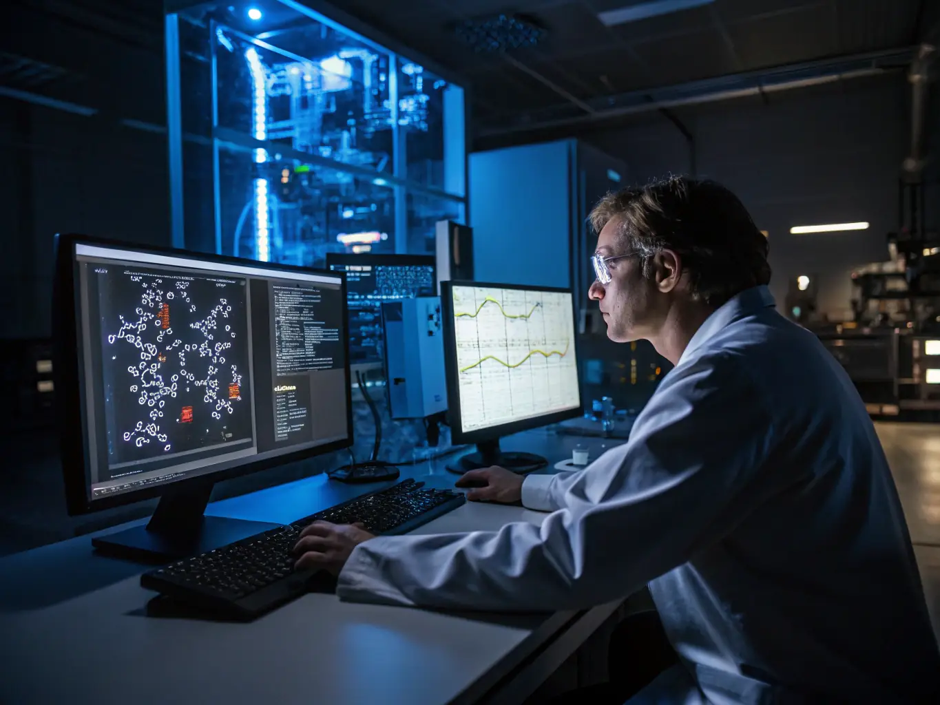 A detailed atomic-scale model of a novel material being simulated on a high-performance computing cluster, showcasing MATTERAVITECH LTD's capabilities in advanced materials design.